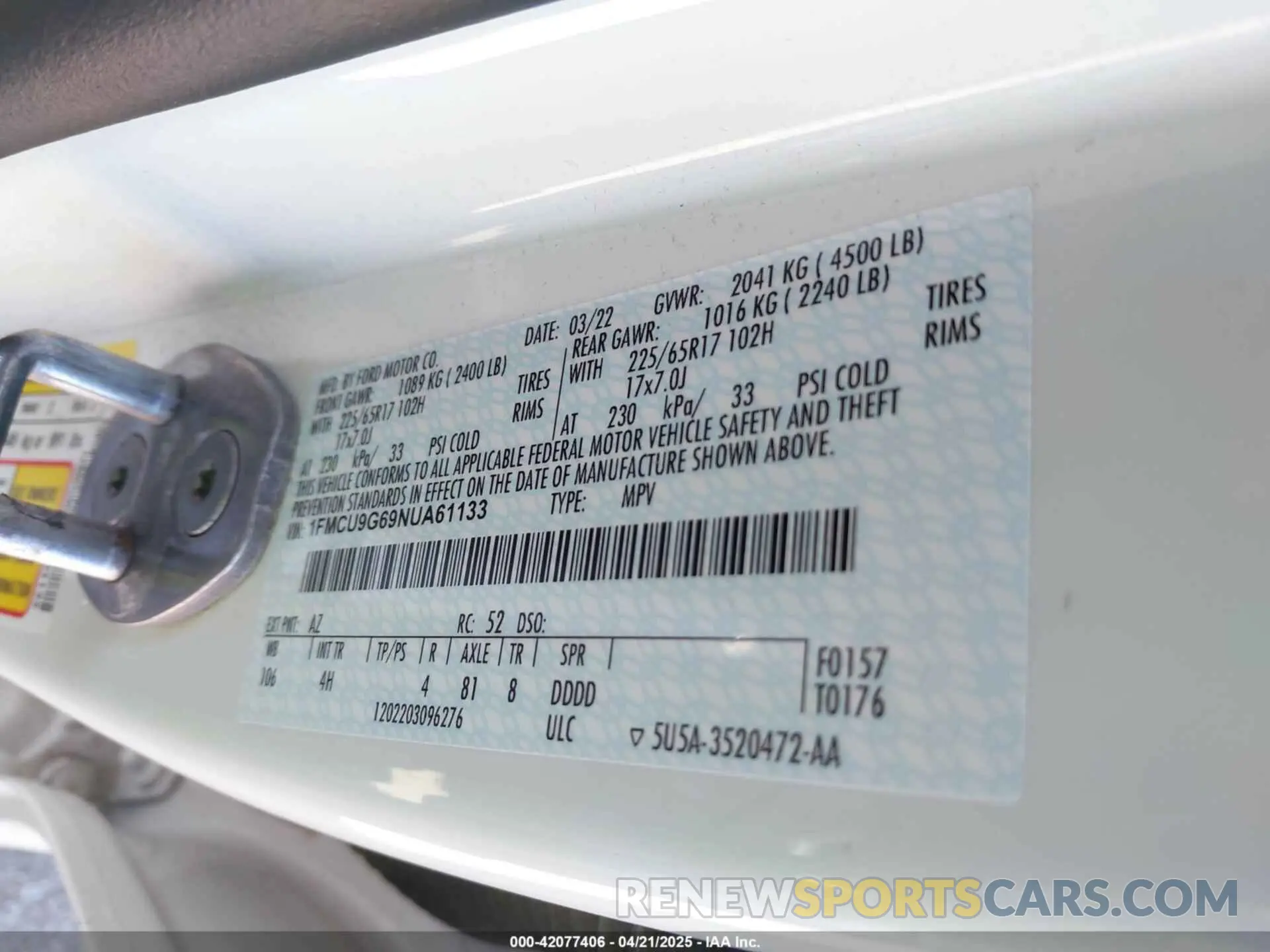 9 fotografías del automóvil dañado 1FMCU9G69NUA61133 FORD ESCAPE 2022