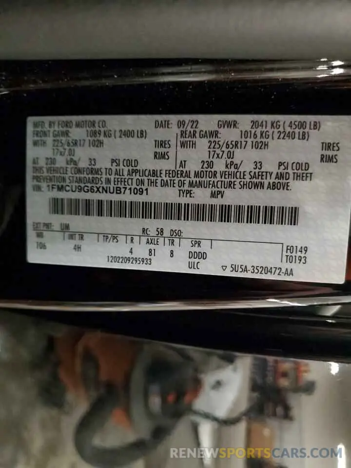 15 fotografías del automóvil dañado 1FMCU9G6XNUB71091 FORD ESCAPE 2022