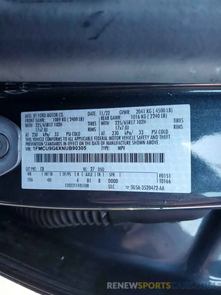 14 fotografías del automóvil dañado 1FMCU9G6XNUB90305 FORD ESCAPE 2022