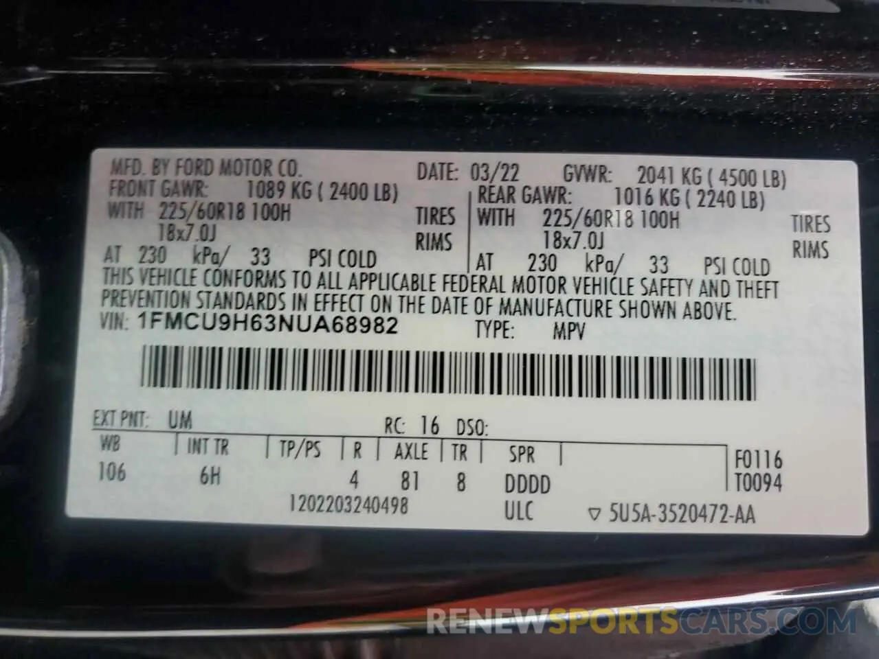 13 fotografías del automóvil dañado 1FMCU9H63NUA68982 FORD ESCAPE 2022