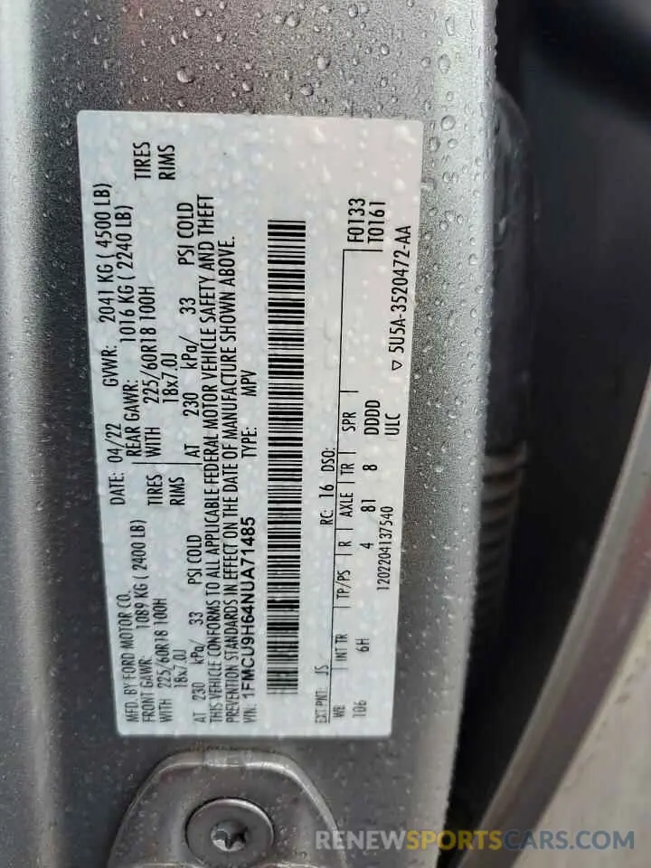 13 fotografías del automóvil dañado 1FMCU9H64NUA71485 FORD ESCAPE 2022