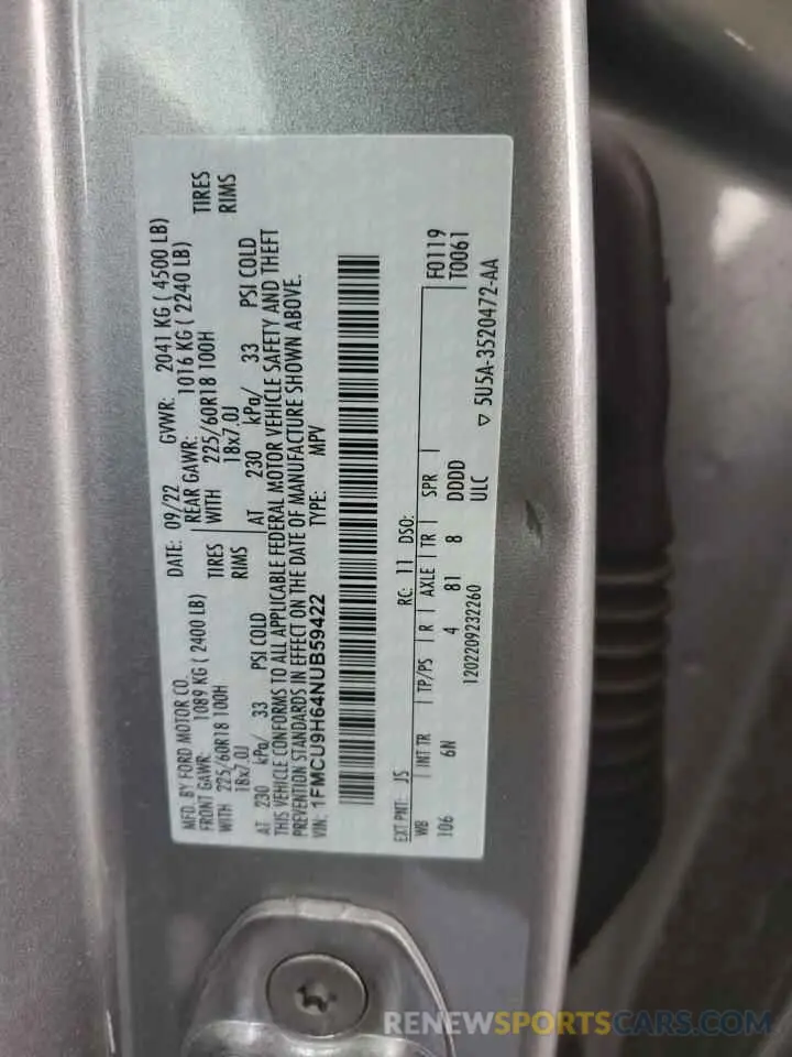 14 fotografías del automóvil dañado 1FMCU9H64NUB59422 FORD ESCAPE 2022