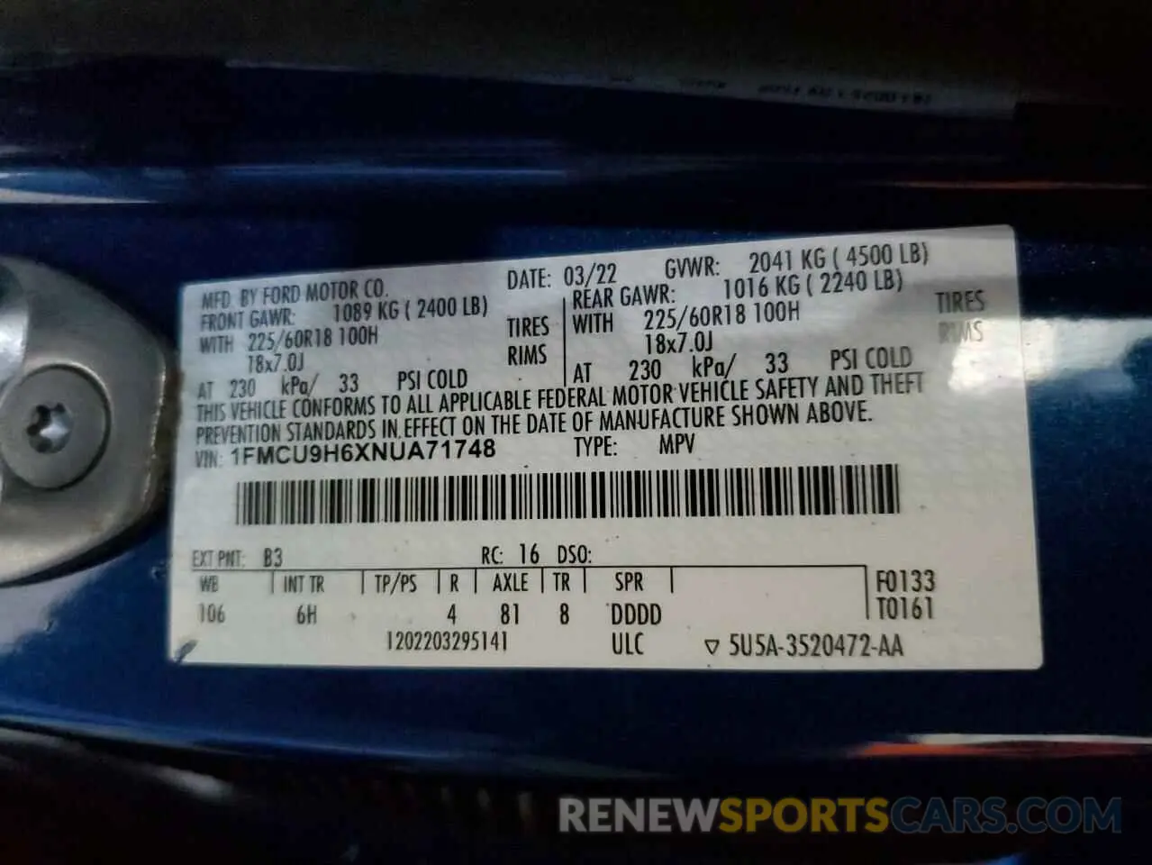 13 fotografías del automóvil dañado 1FMCU9H6XNUA71748 FORD ESCAPE 2022