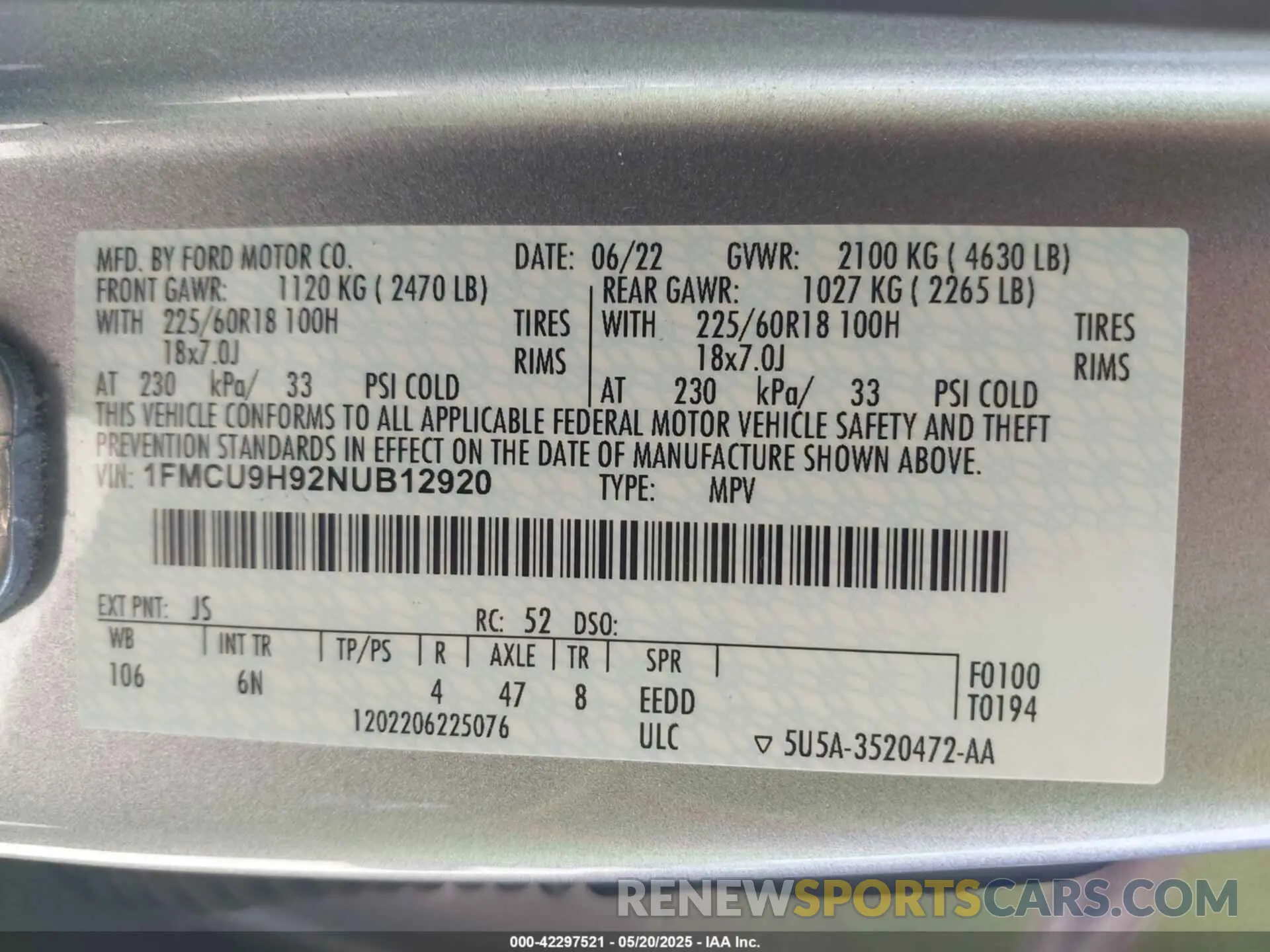 9 fotografías del automóvil dañado 1FMCU9H92NUB12920 FORD ESCAPE 2022
