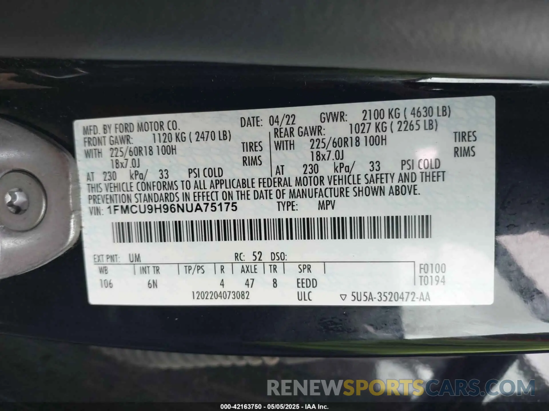 9 fotografías del automóvil dañado 1FMCU9H96NUA75175 FORD ESCAPE 2022