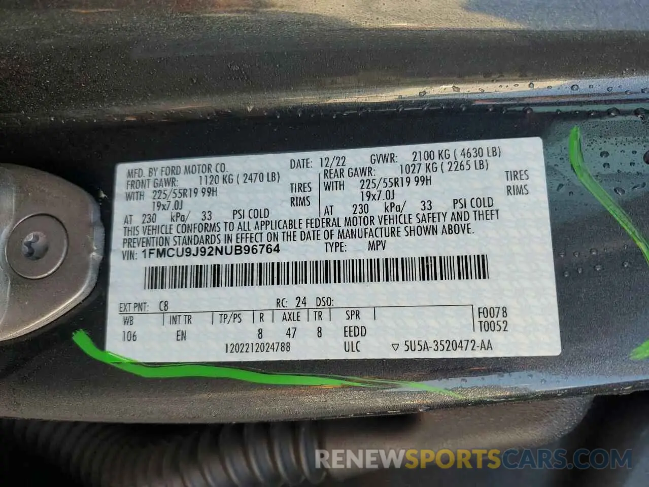 14 fotografías del automóvil dañado 1FMCU9J92NUB96764 FORD ESCAPE 2022