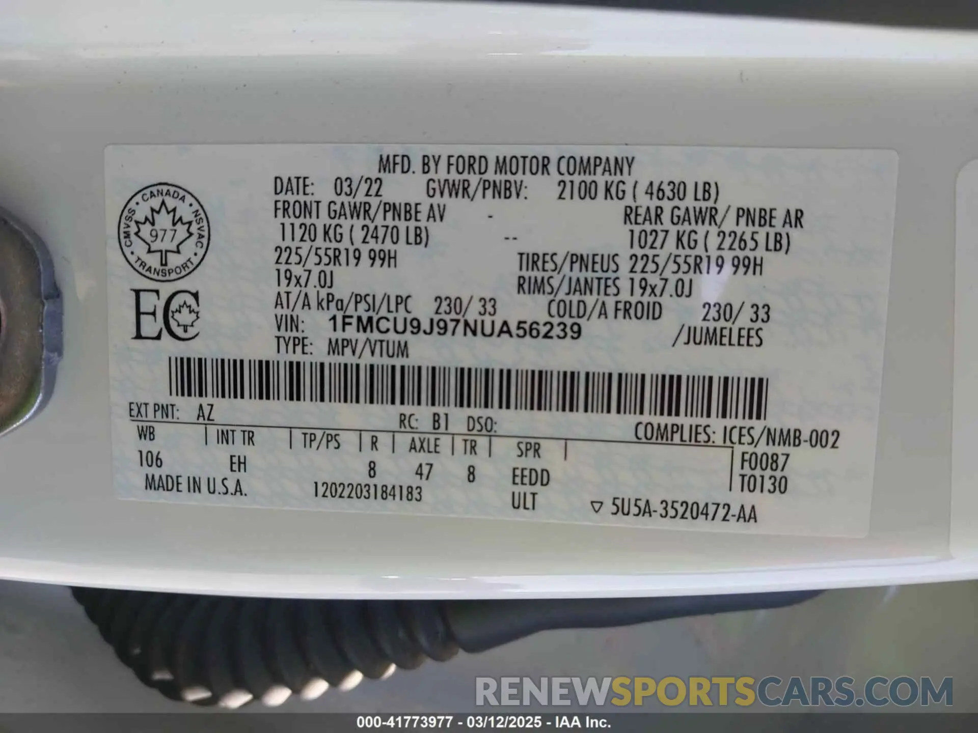 9 fotografías del automóvil dañado 1FMCU9J97NUA56239 FORD ESCAPE 2022