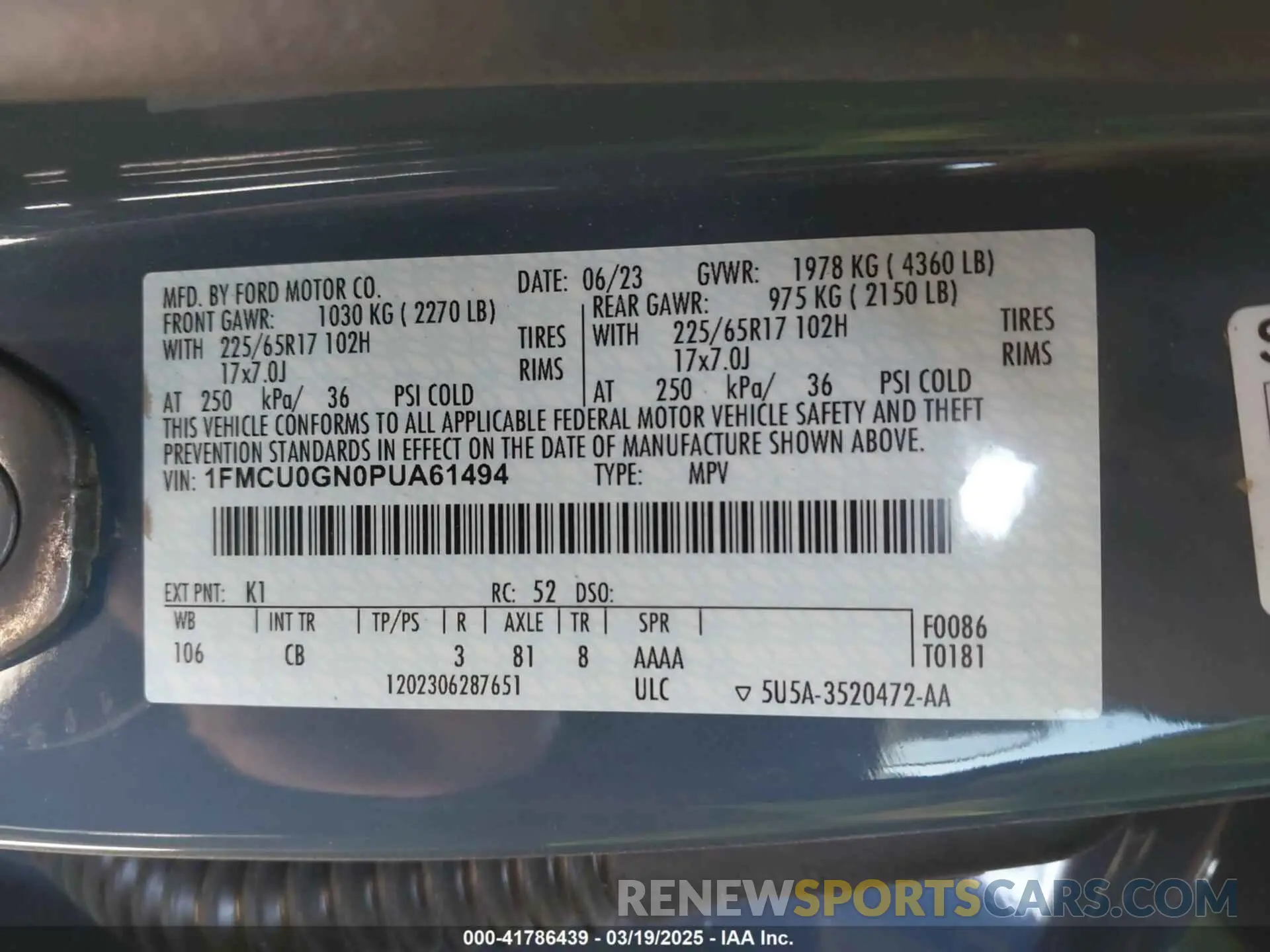 9 fotografías del automóvil dañado 1FMCU0GN0PUA61494 FORD ESCAPE 2023