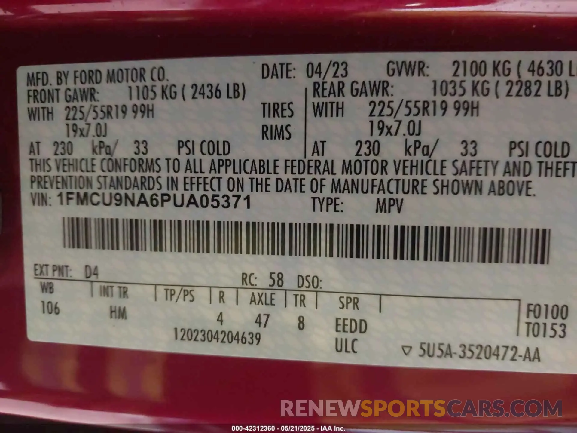 9 fotografías del automóvil dañado 1FMCU9NA6PUA05371 FORD ESCAPE 2023