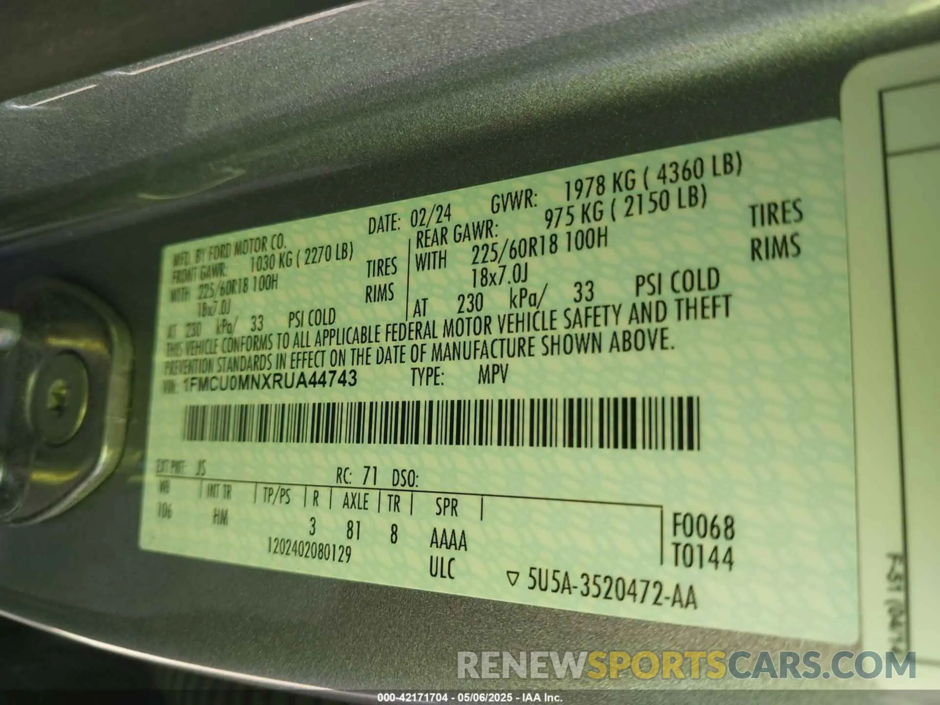 9 fotografías del automóvil dañado 1FMCU0MNXRUA44743 FORD ESCAPE 2024