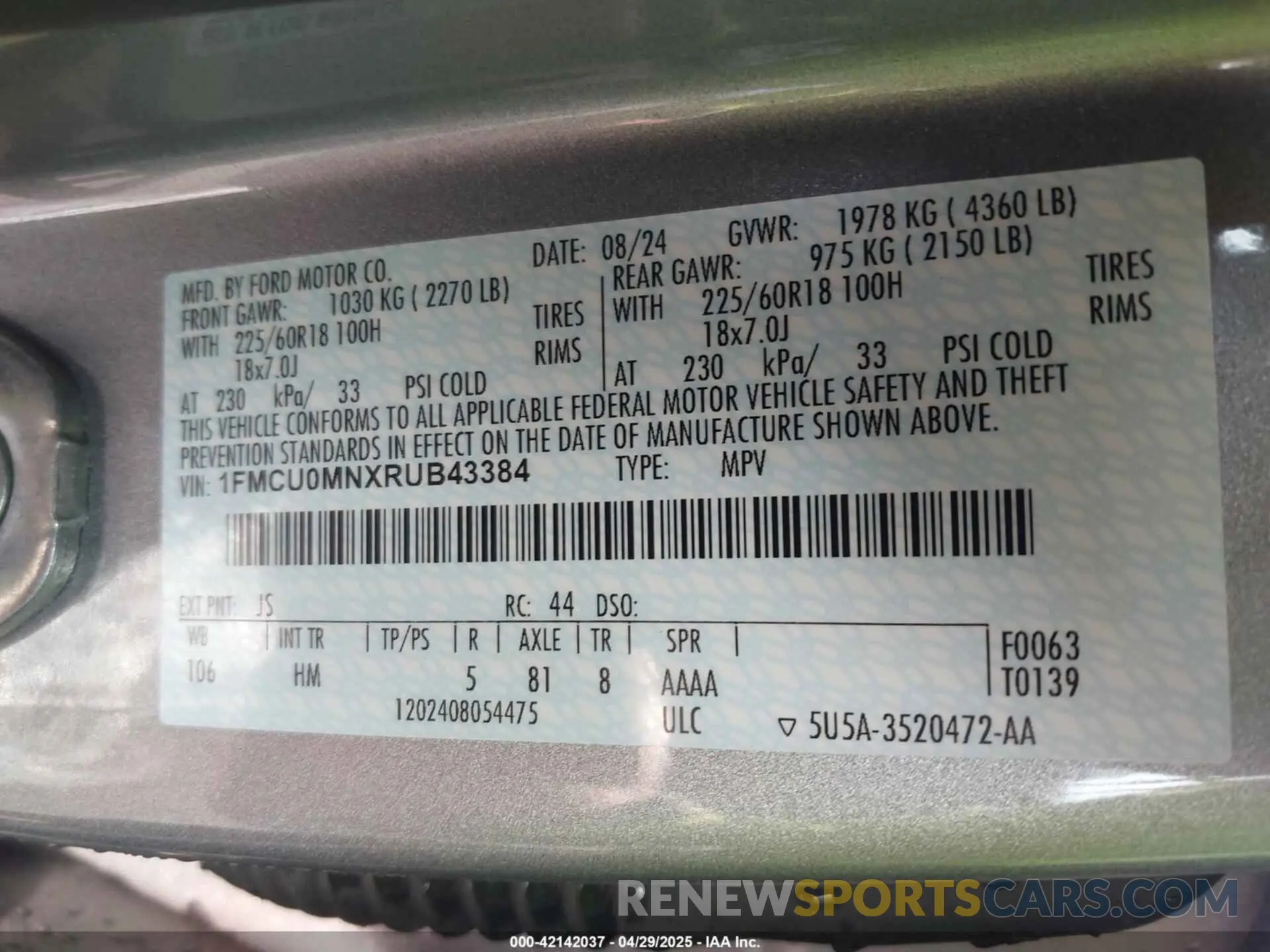 9 fotografías del automóvil dañado 1FMCU0MNXRUB43384 FORD ESCAPE 2024