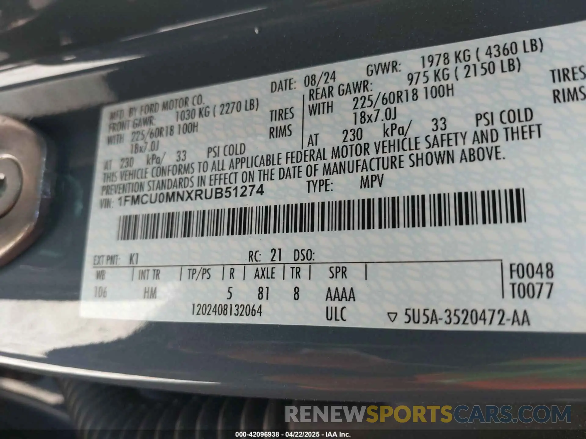 9 fotografías del automóvil dañado 1FMCU0MNXRUB51274 FORD ESCAPE 2024