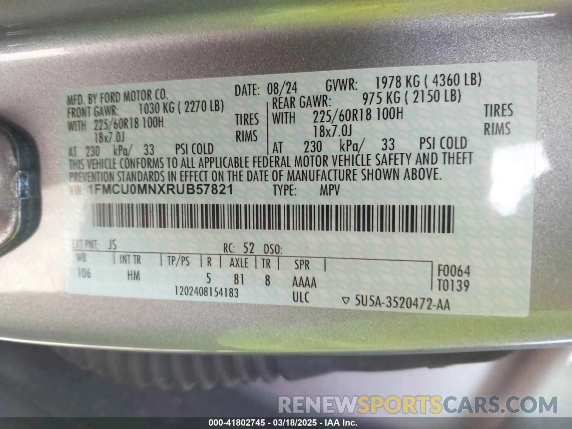 9 fotografías del automóvil dañado 1FMCU0MNXRUB57821 FORD ESCAPE 2024