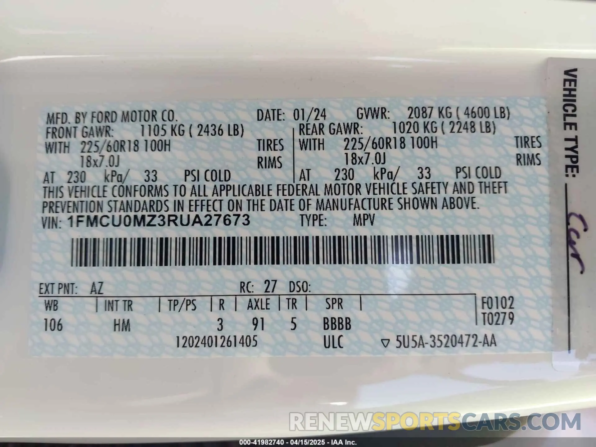 9 fotografías del automóvil dañado 1FMCU0MZ3RUA27673 FORD ESCAPE 2024