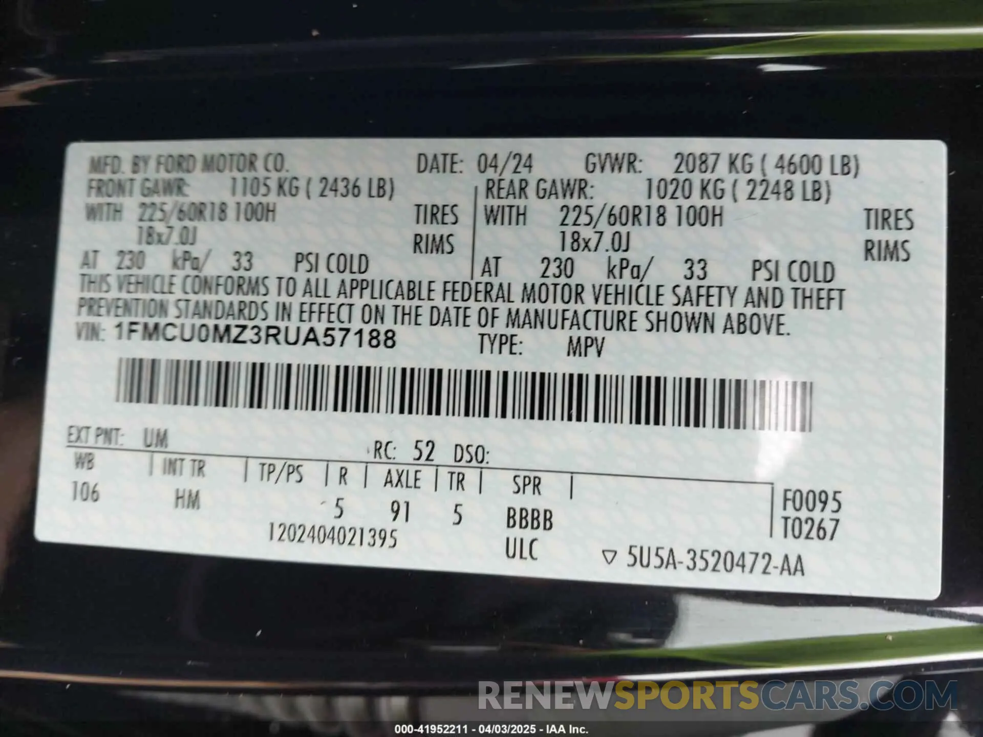 9 fotografías del automóvil dañado 1FMCU0MZ3RUA57188 FORD ESCAPE 2024