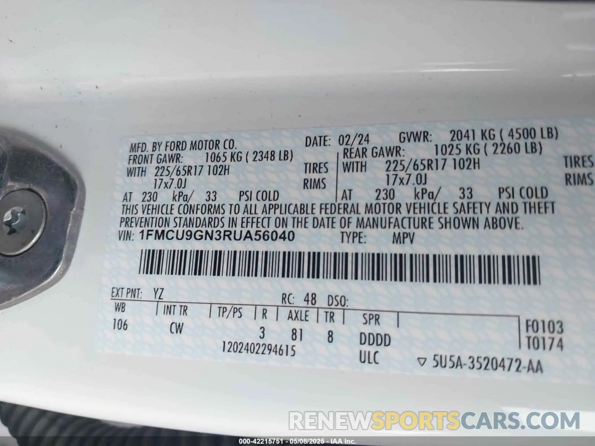 9 fotografías del automóvil dañado 1FMCU9GN3RUA56040 FORD ESCAPE 2024