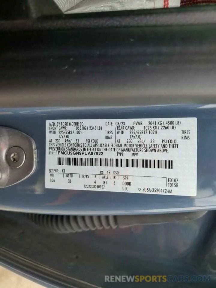 13 fotografías del automóvil dañado 1FMCU9GN9PUA87922 FORD ESCAPE ACT 2023