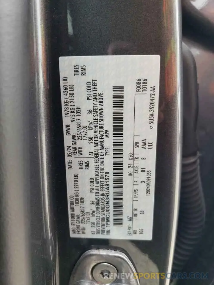 13 fotografías del automóvil dañado 1FMCU0GN3RUA81578 FORD ESCAPE ACT 2024