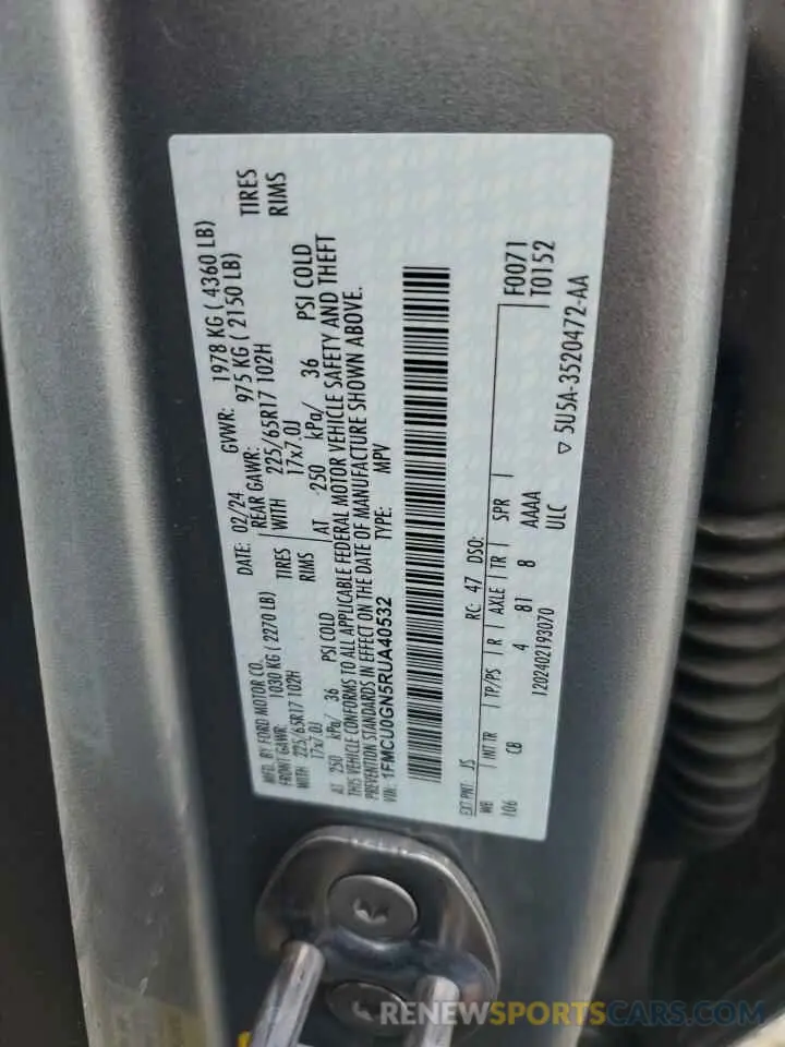 14 fotografías del automóvil dañado 1FMCU0GN5RUA40532 FORD ESCAPE ACT 2024