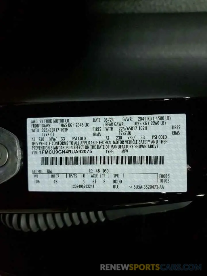 14 fotografías del automóvil dañado 1FMCU9GN4RUA92075 FORD ESCAPE ACT 2024