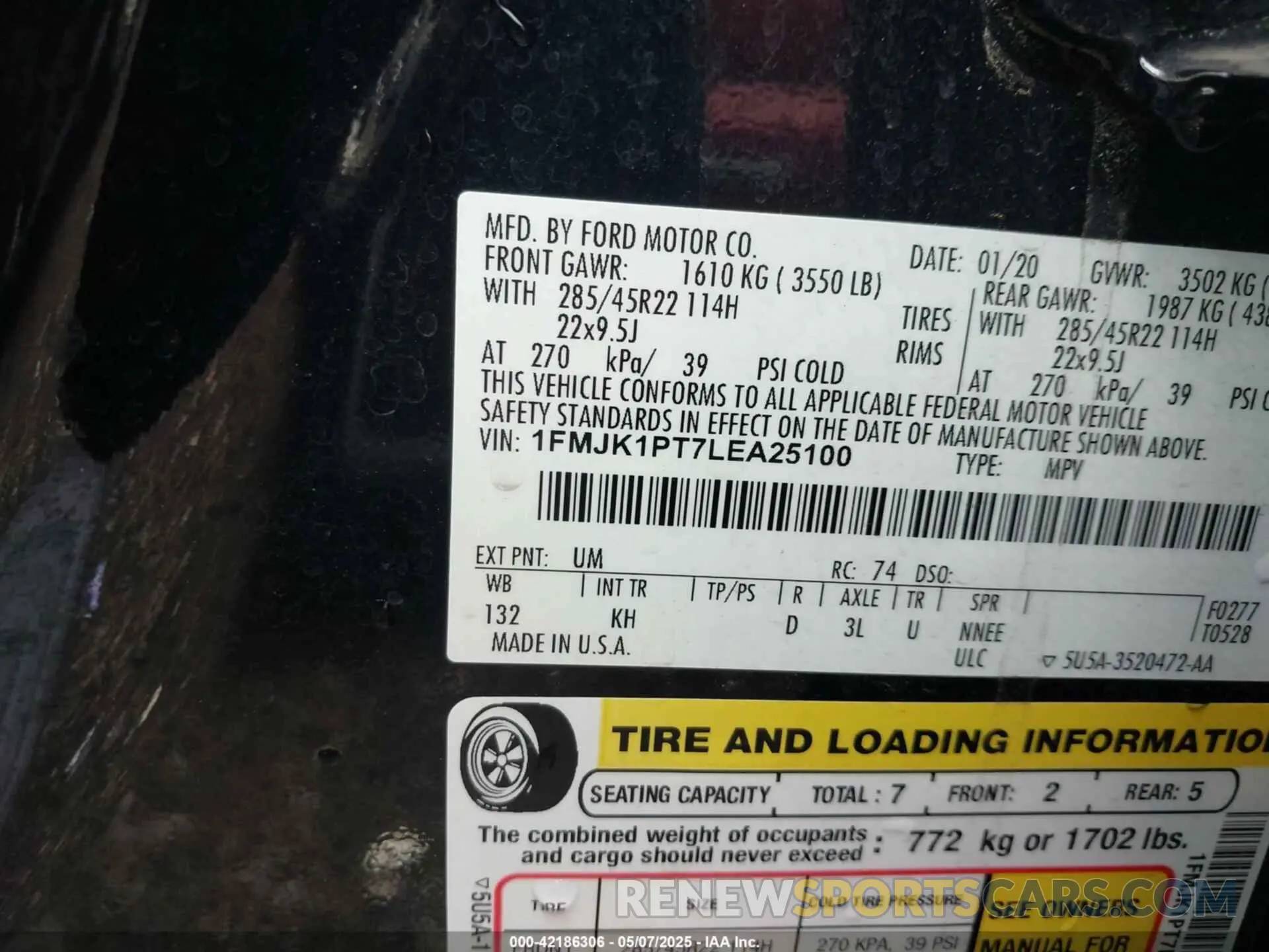 9 fotografías del automóvil dañado 1FMJK1PT7LEA25100 FORD EXPEDITION 2020