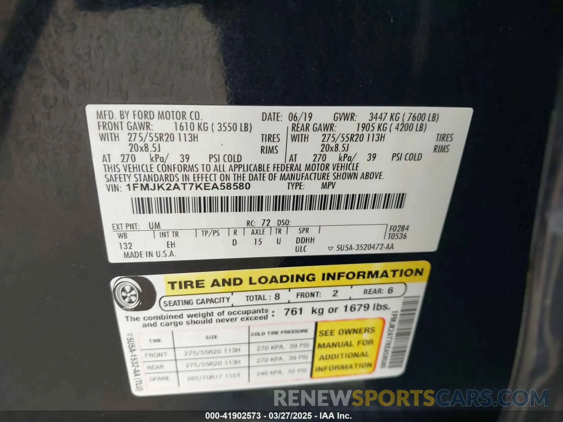 9 fotografías del automóvil dañado 1FMJK2AT7KEA58580 FORD EXPEDITION MAX 2019