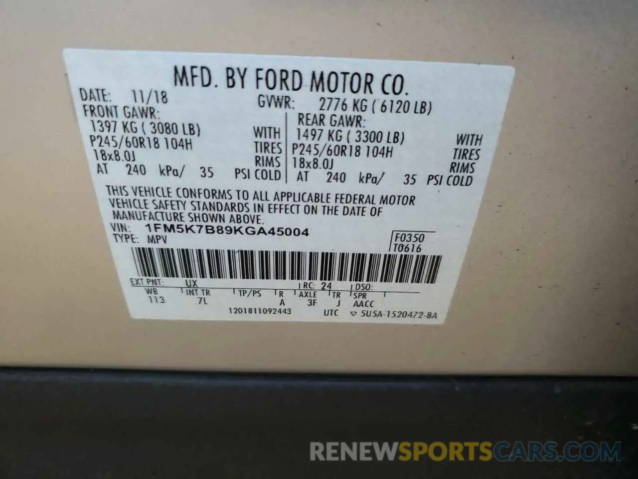 10 fotografías del automóvil dañado 1FM5K7B89KGA45004 FORD EXPLORER 2019
