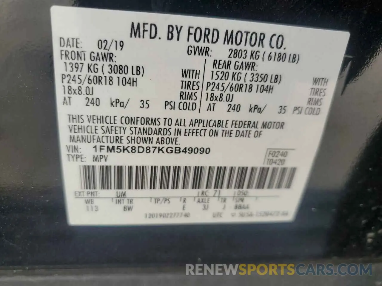 12 fotografías del automóvil dañado 1FM5K8D87KGB49090 FORD EXPLORER 2019