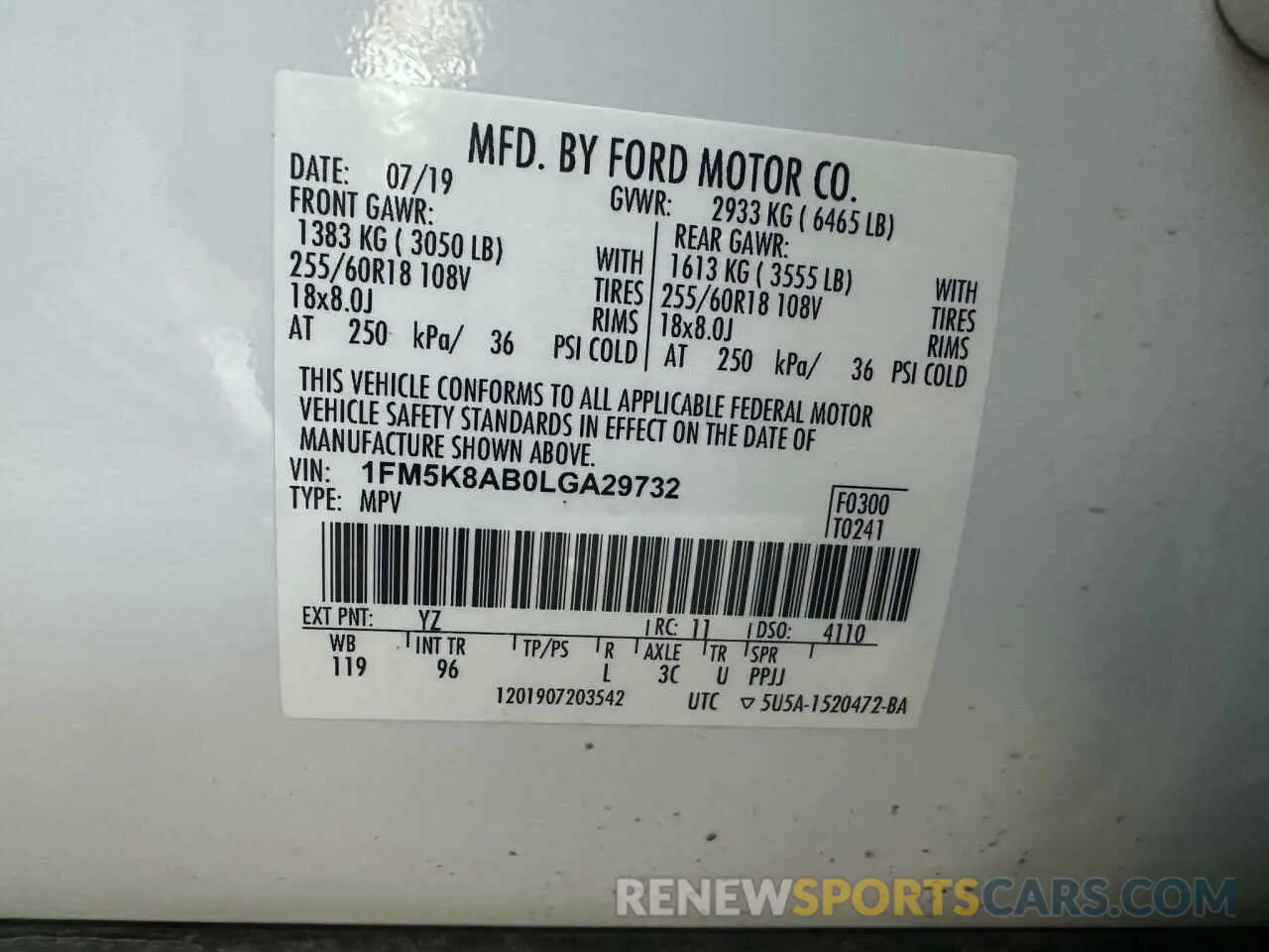 10 fotografías del automóvil dañado 1FM5K8AB0LGA29732 FORD EXPLORER 2020