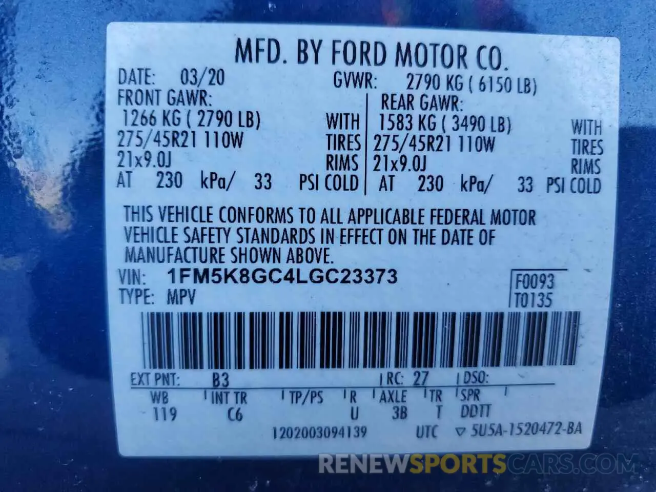 14 fotografías del automóvil dañado 1FM5K8GC4LGC23373 FORD EXPLORER 2020