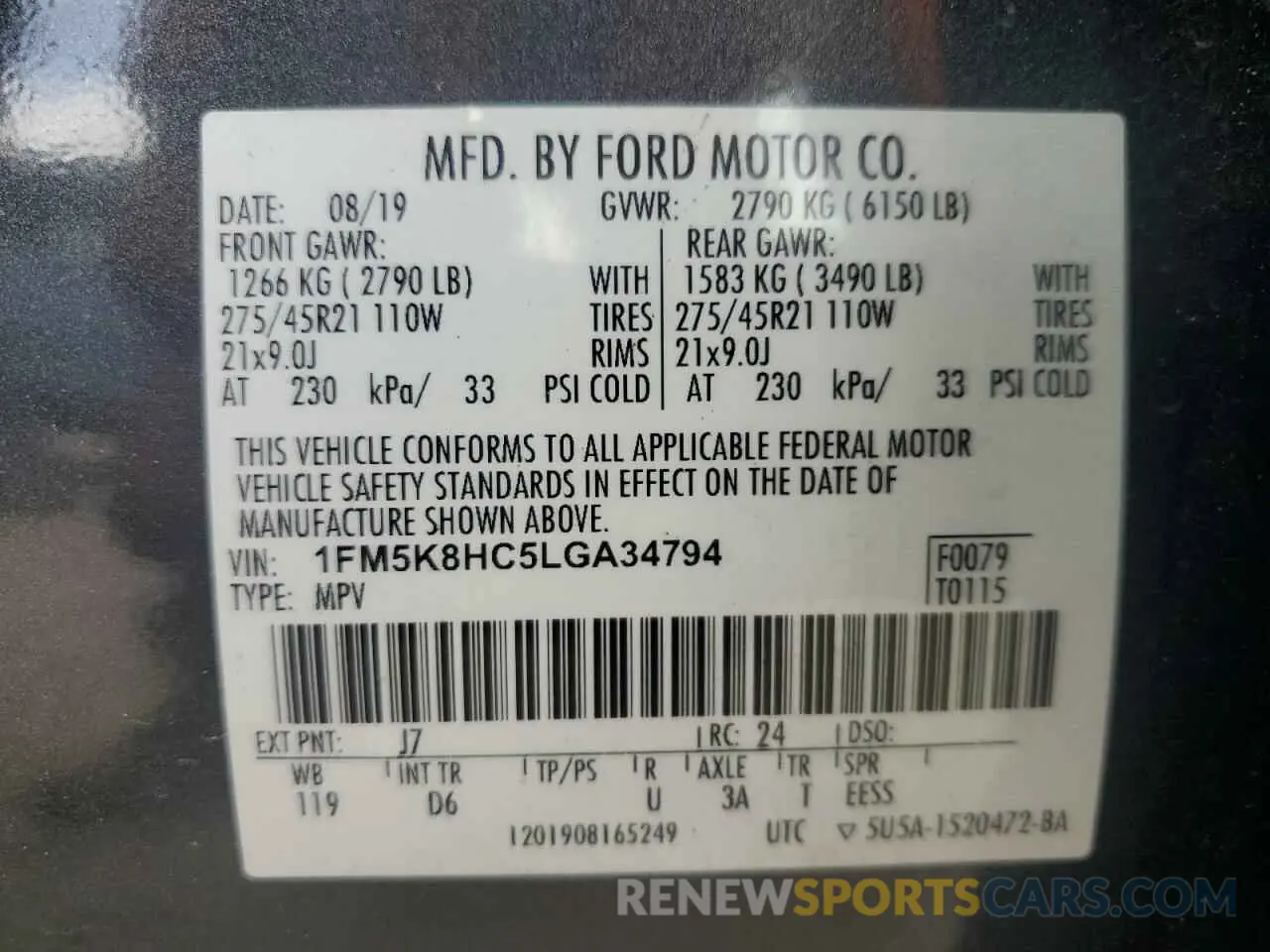 15 fotografías del automóvil dañado 1FM5K8HC5LGA34794 FORD EXPLORER 2020