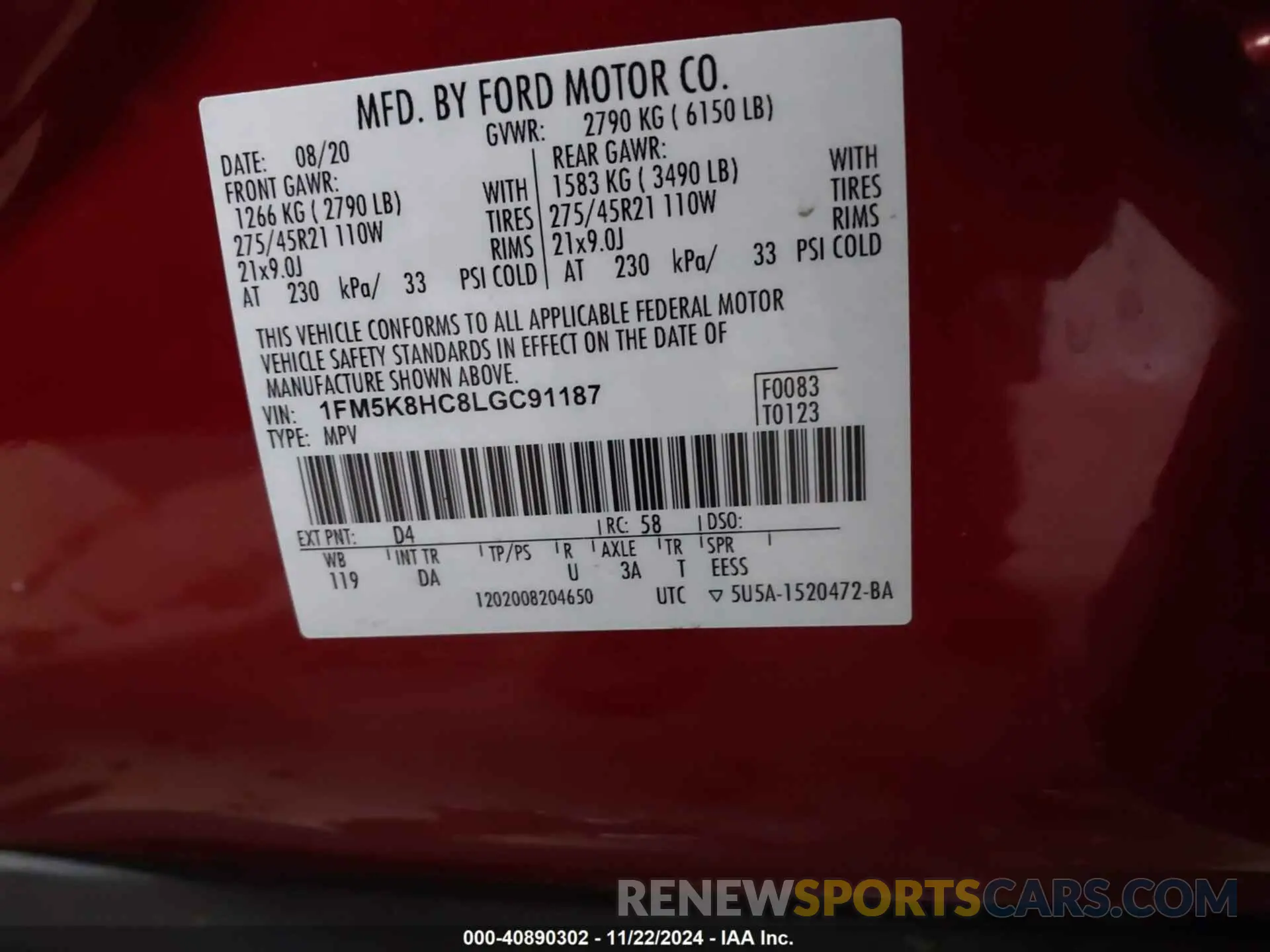 9 fotografías del automóvil dañado 1FM5K8HC8LGC91187 FORD EXPLORER 2020