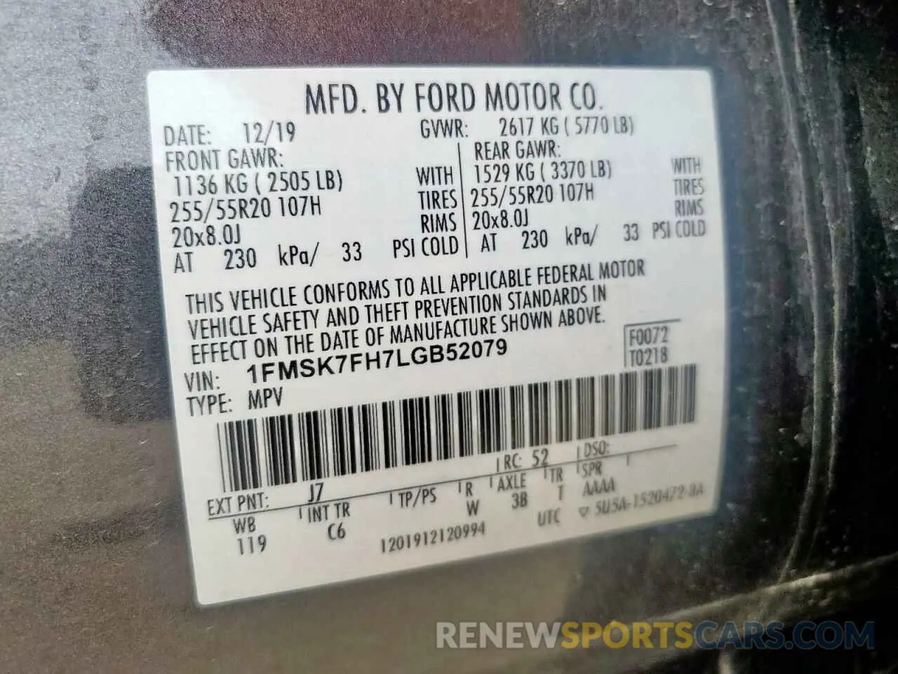 14 fotografías del automóvil dañado 1FMSK7FH7LGB52079 FORD EXPLORER 2020