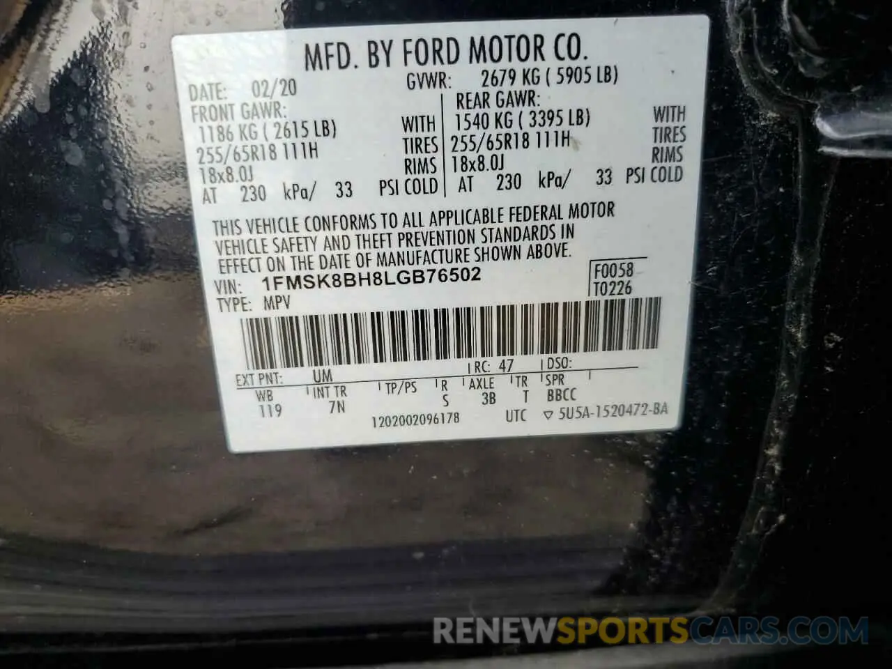 14 fotografías del automóvil dañado 1FMSK8BH8LGB76502 FORD EXPLORER 2020