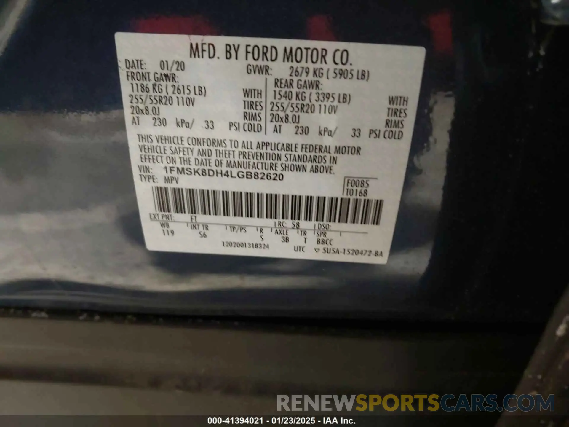 9 fotografías del automóvil dañado 1FMSK8DH4LGB82620 FORD EXPLORER 2020