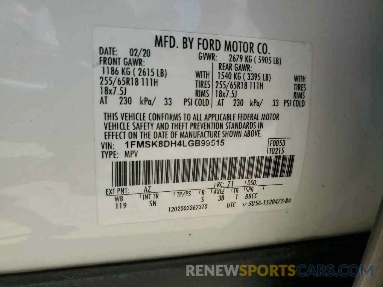 13 fotografías del automóvil dañado 1FMSK8DH4LGB99515 FORD EXPLORER 2020
