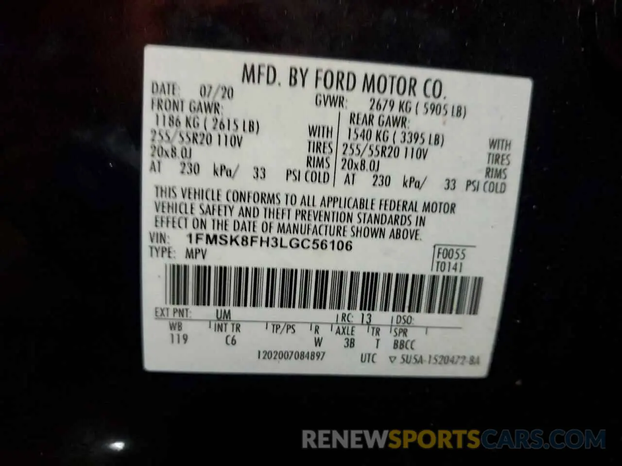 13 fotografías del automóvil dañado 1FMSK8FH3LGC56106 FORD EXPLORER 2020