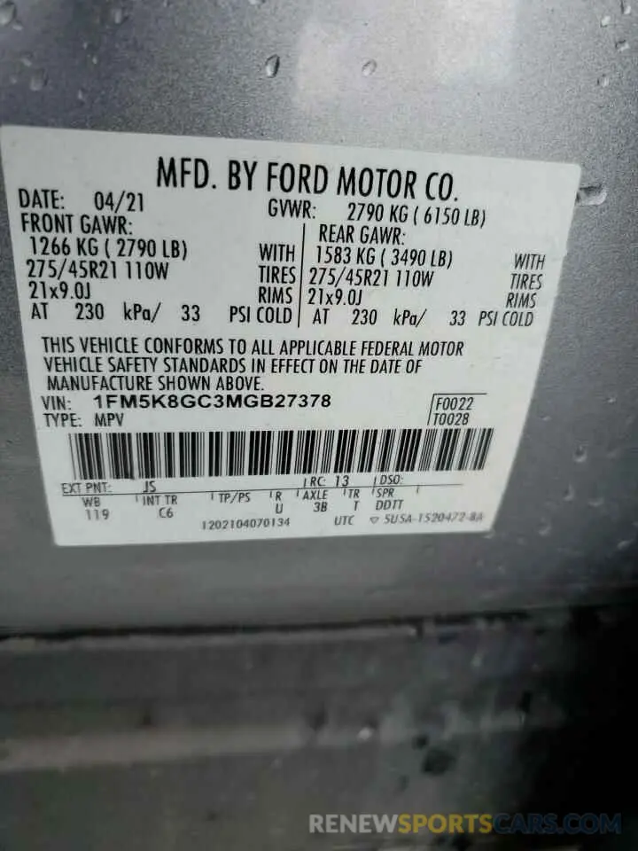 13 fotografías del automóvil dañado 1FM5K8GC3MGB27378 FORD EXPLORER 2021