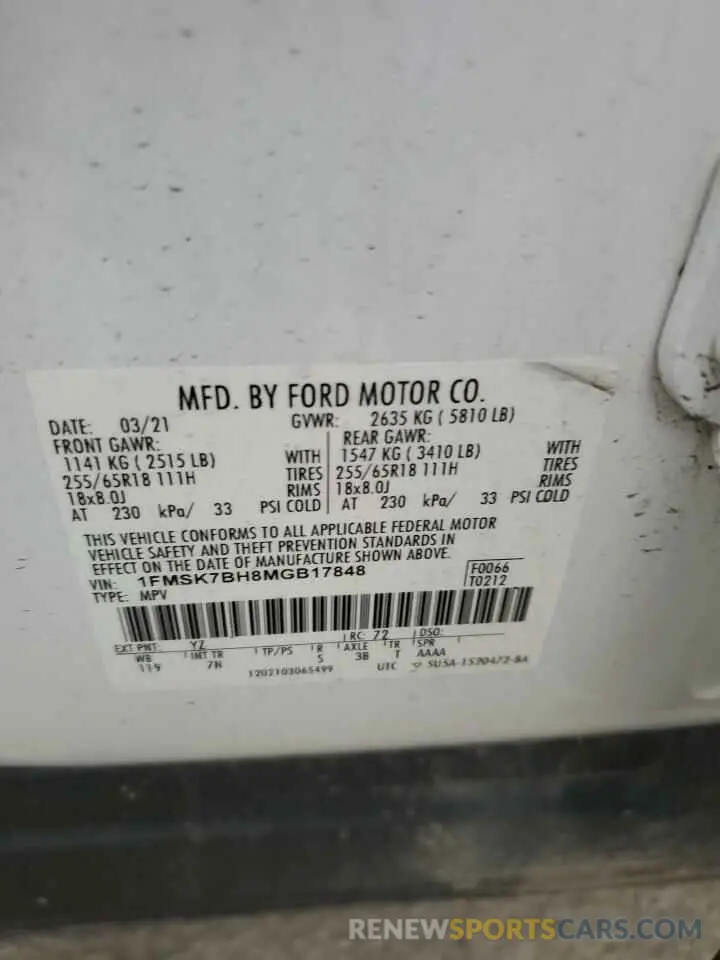 14 fotografías del automóvil dañado 1FMSK7BH8MGB17848 FORD EXPLORER 2021