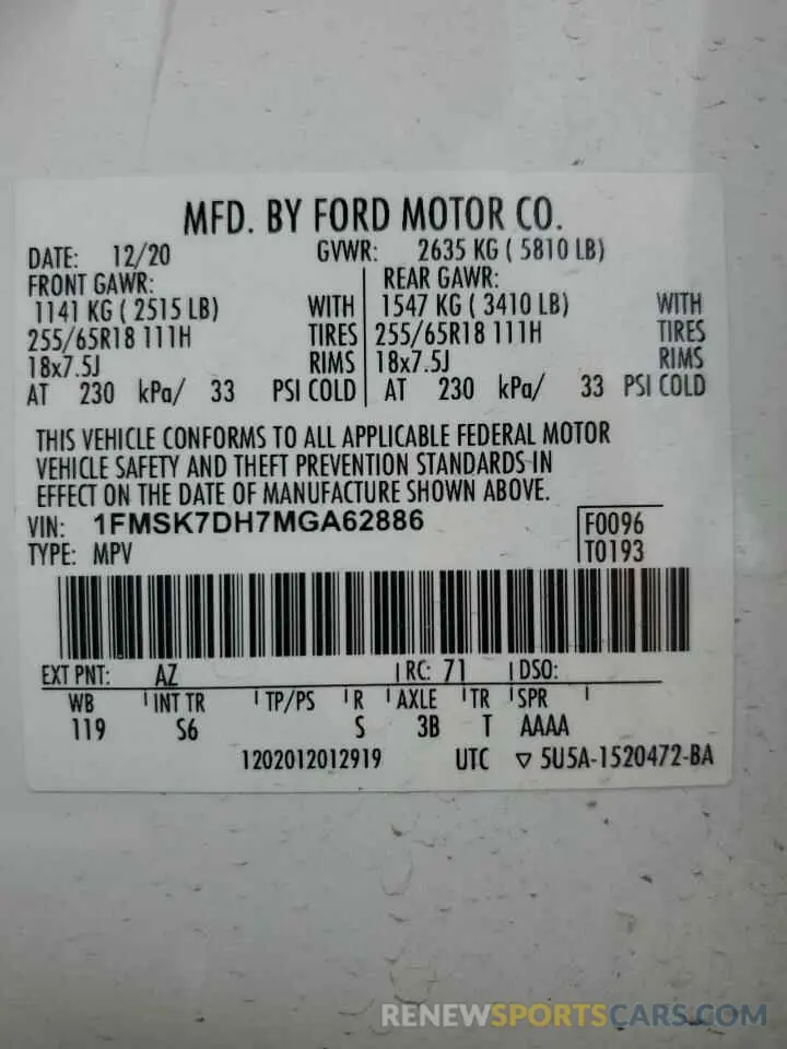 14 fotografías del automóvil dañado 1FMSK7DH7MGA62886 FORD EXPLORER 2021