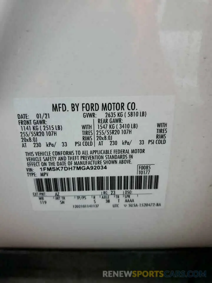 13 fotografías del automóvil dañado 1FMSK7DH7MGA92034 FORD EXPLORER 2021