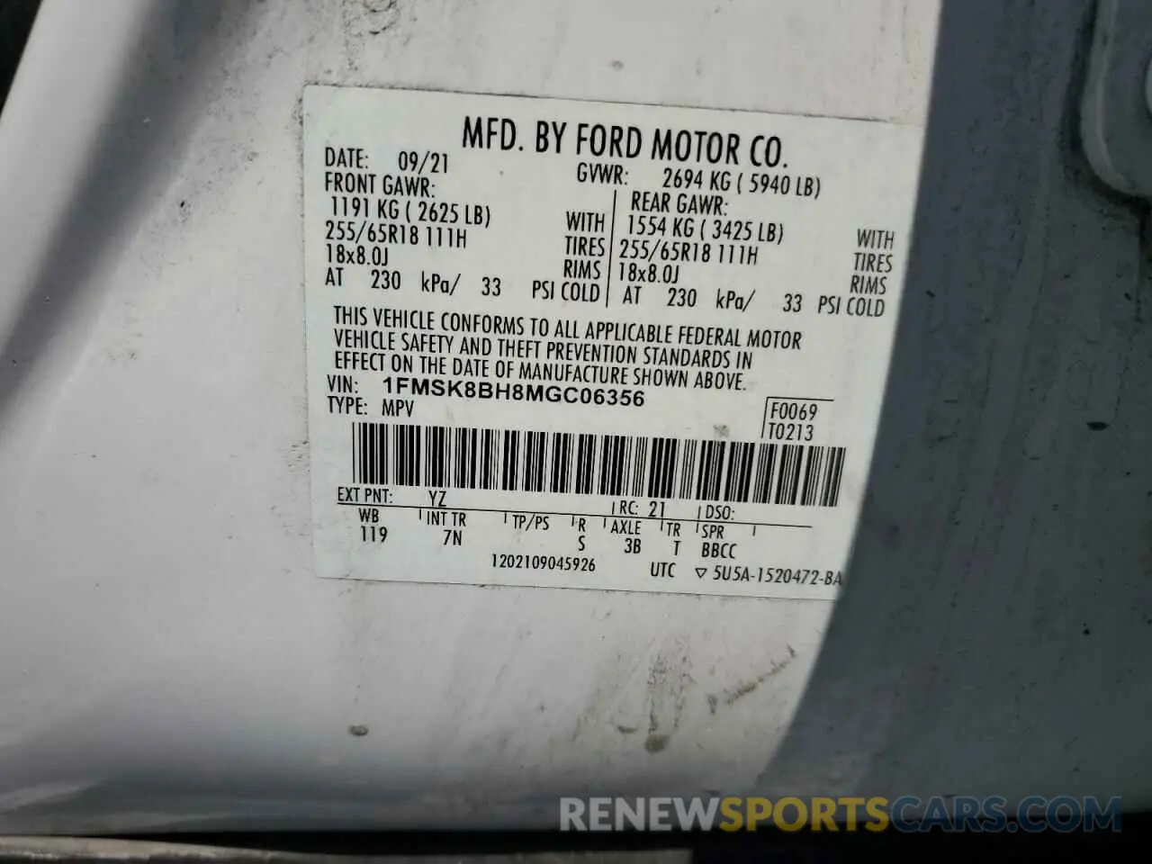 14 fotografías del automóvil dañado 1FMSK8BH8MGC06356 FORD EXPLORER 2021