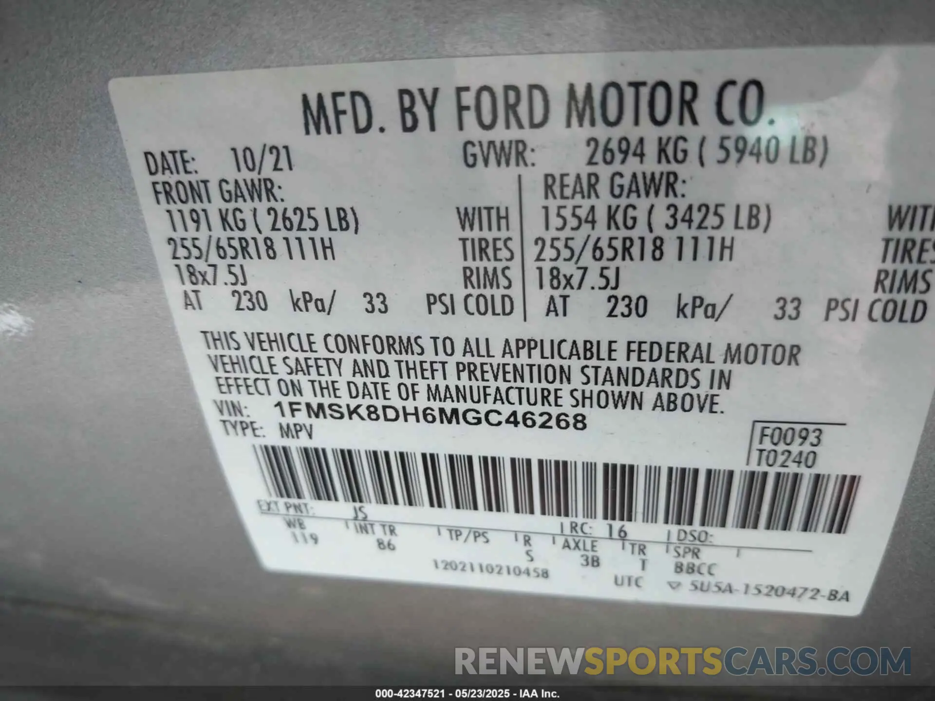 9 fotografías del automóvil dañado 1FMSK8DH6MGC46268 FORD EXPLORER 2021