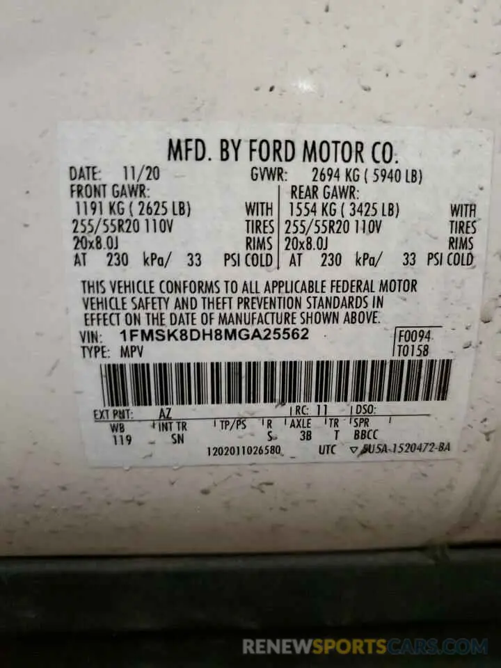 13 fotografías del automóvil dañado 1FMSK8DH8MGA25562 FORD EXPLORER 2021