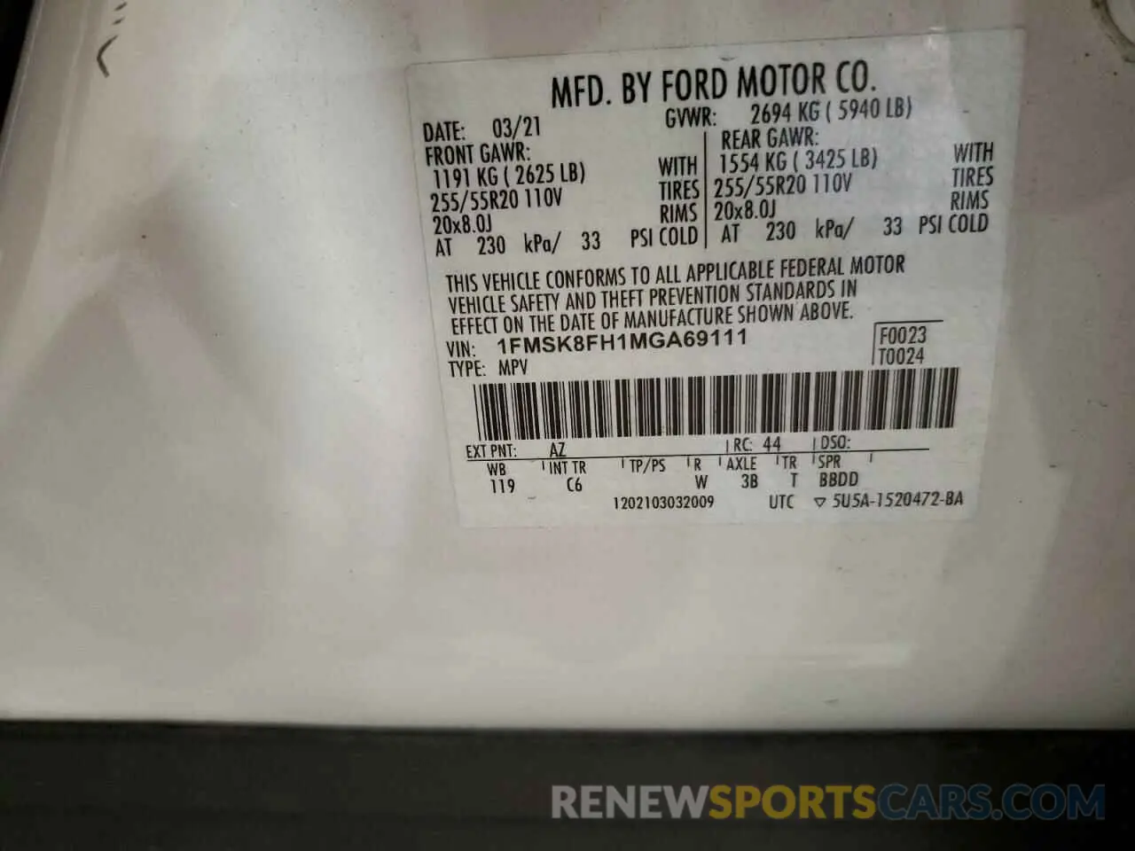 13 fotografías del automóvil dañado 1FMSK8FH1MGA69111 FORD EXPLORER 2021