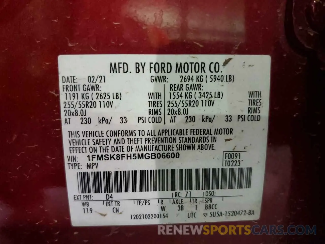 14 fotografías del automóvil dañado 1FMSK8FH5MGB06600 FORD EXPLORER 2021