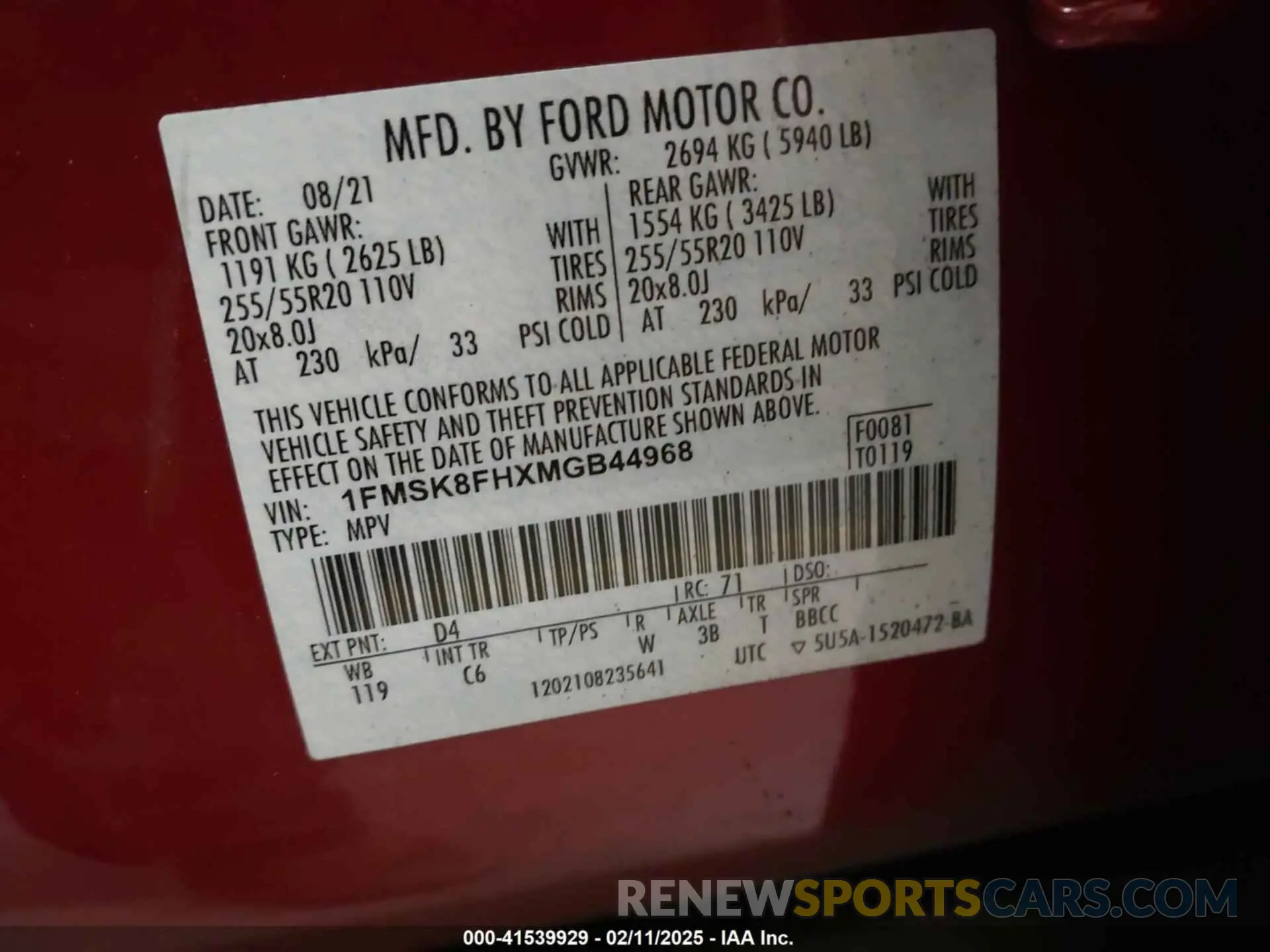 9 fotografías del automóvil dañado 1FMSK8FHXMGB44968 FORD EXPLORER 2021