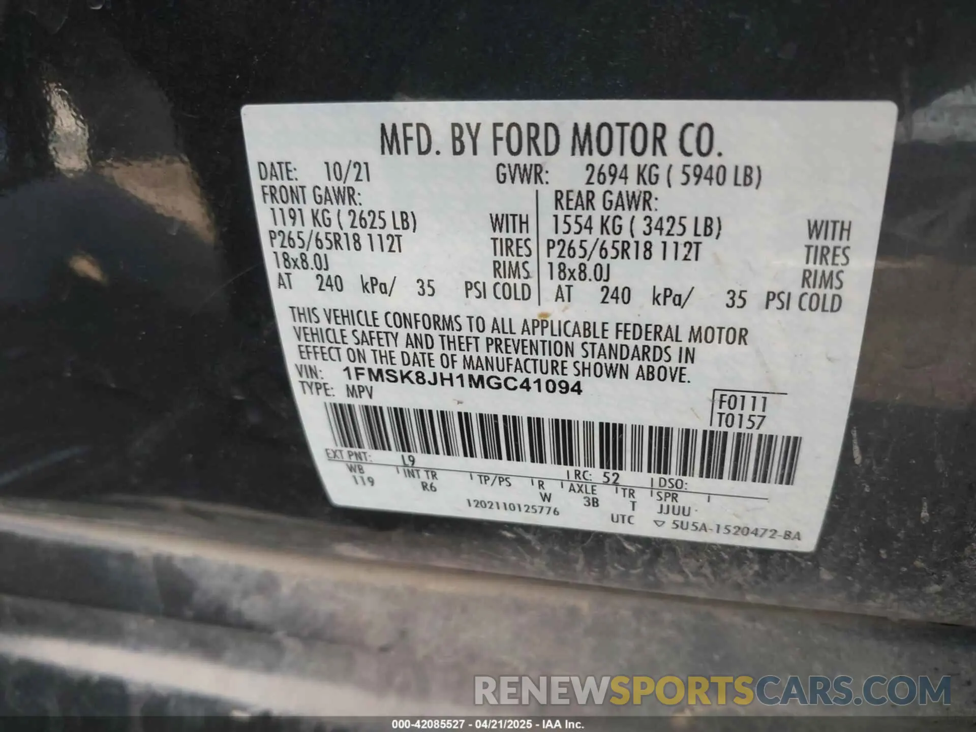 9 fotografías del automóvil dañado 1FMSK8JH1MGC41094 FORD EXPLORER 2021