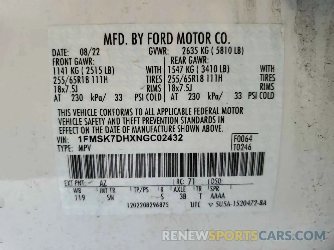 13 fotografías del automóvil dañado 1FMSK7DHXNGC02432 FORD EXPLORER 2022