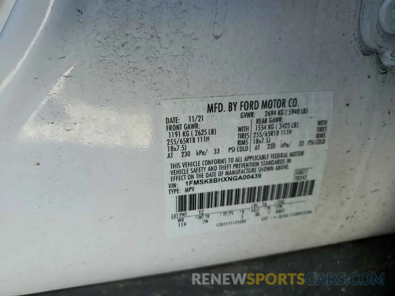 12 fotografías del automóvil dañado 1FMSK8BHXNGA00439 FORD EXPLORER 2022